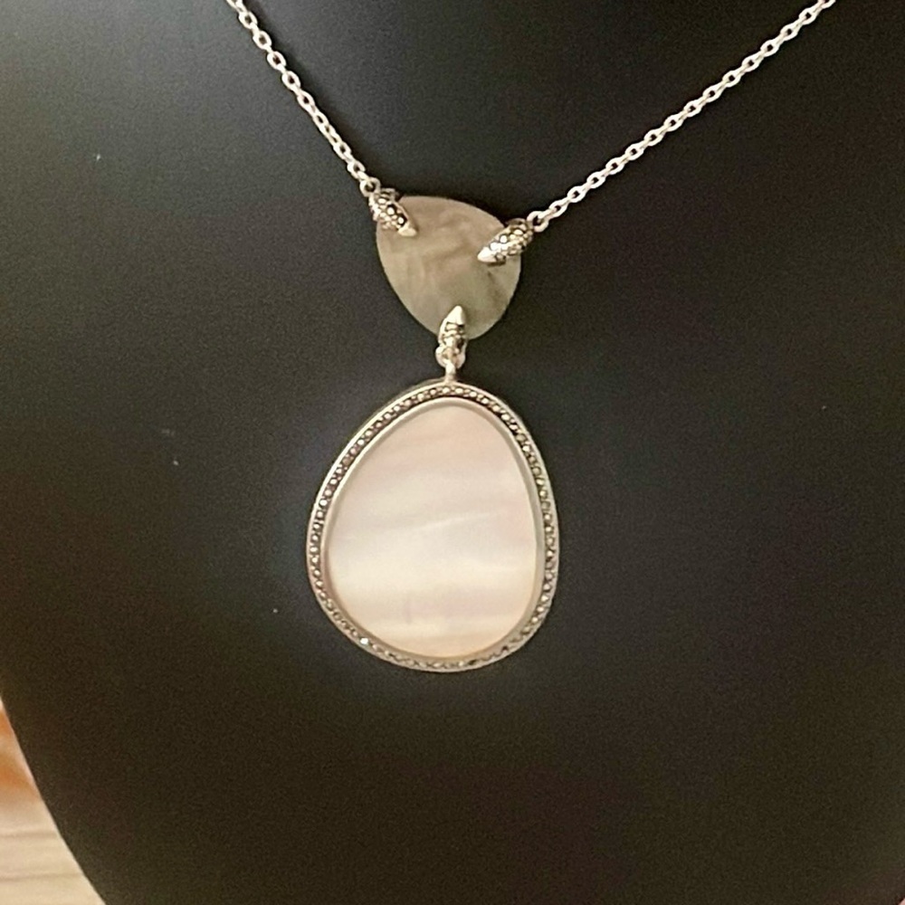 Judith Jack Sterling Silver Mother of Pearl Marcasite Pendant Necklace